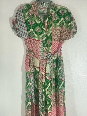 Umgee Green Patchwork Button-Front Kids Dress with Pink Accents